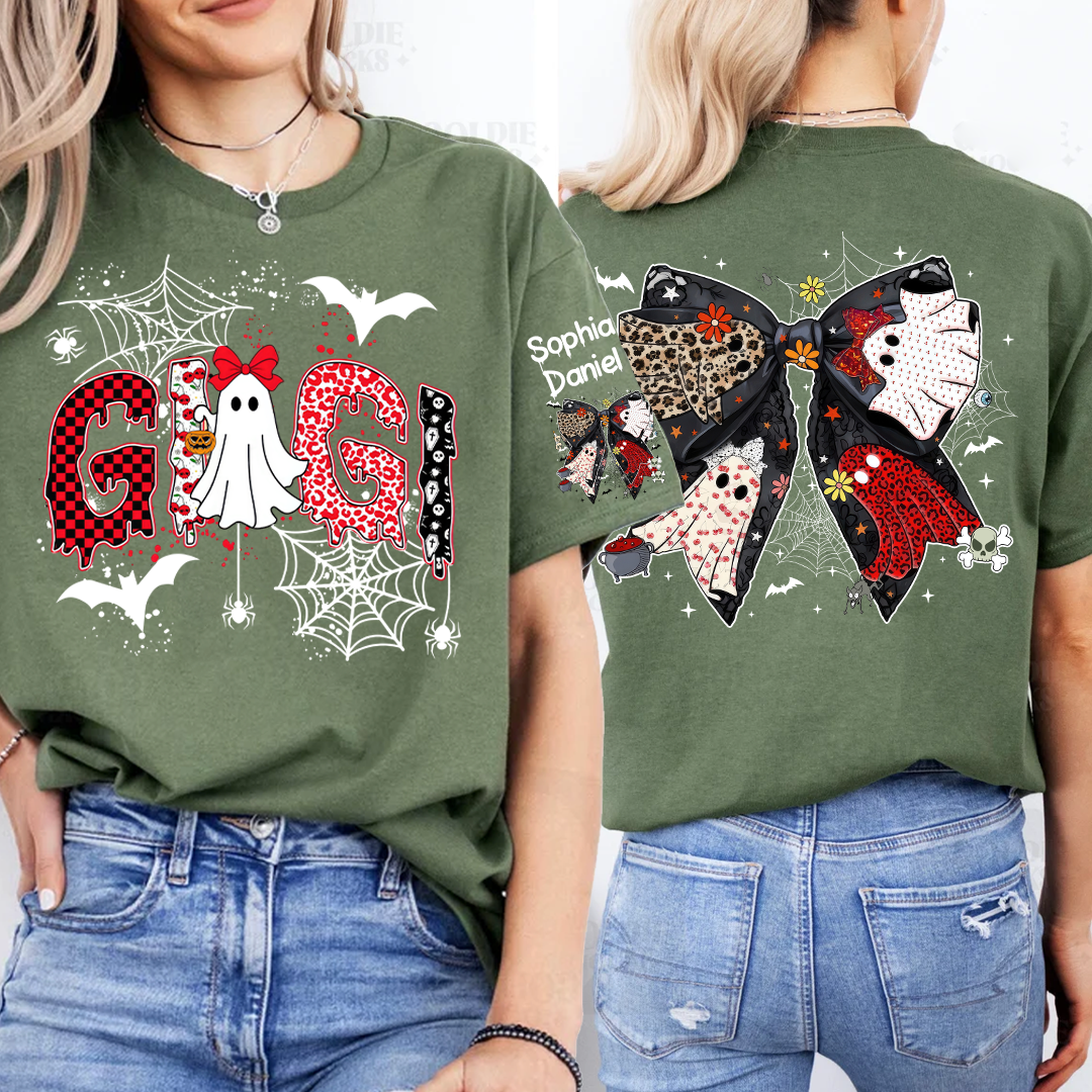 Personalized Gigi Halloween Shirt with Ghost & Spider Webs – Custom Grandkids Names on Sleeve & Back Bow T-shirt