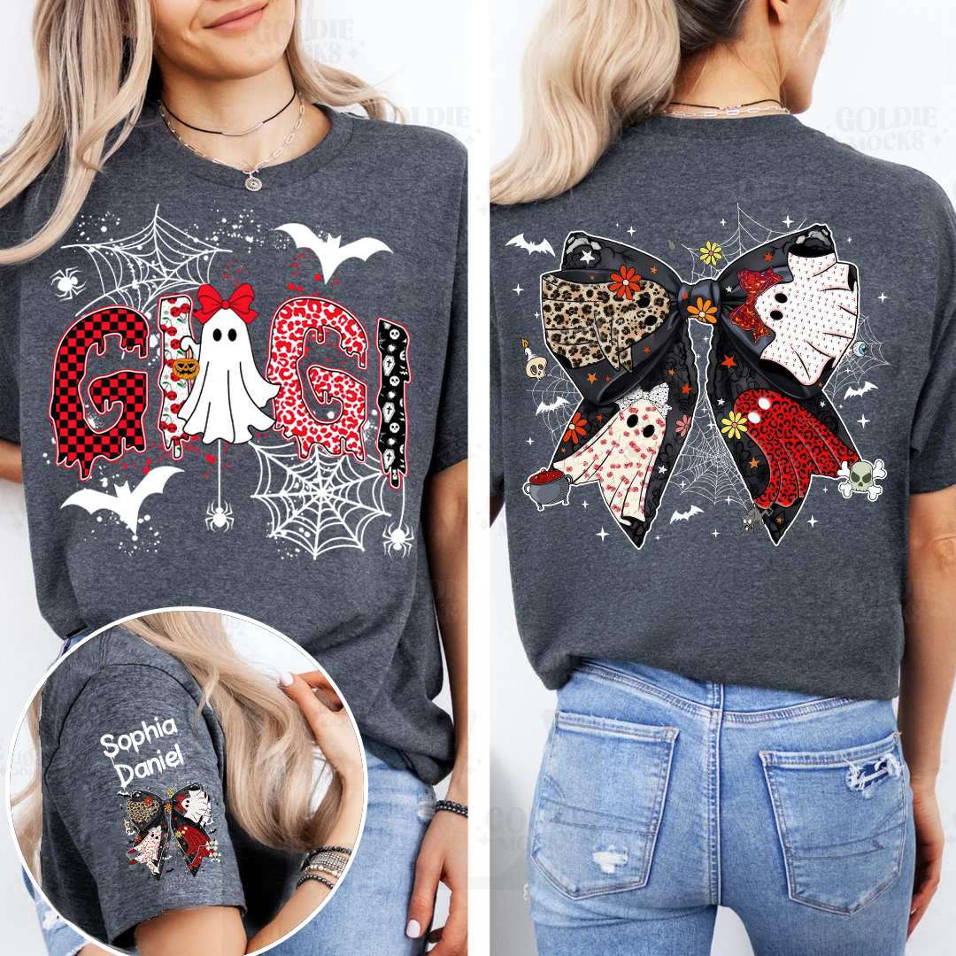 Personalized Gigi Halloween Shirt with Ghost & Spider Webs – Custom Grandkids Names on Sleeve & Back Bow T-shirt
