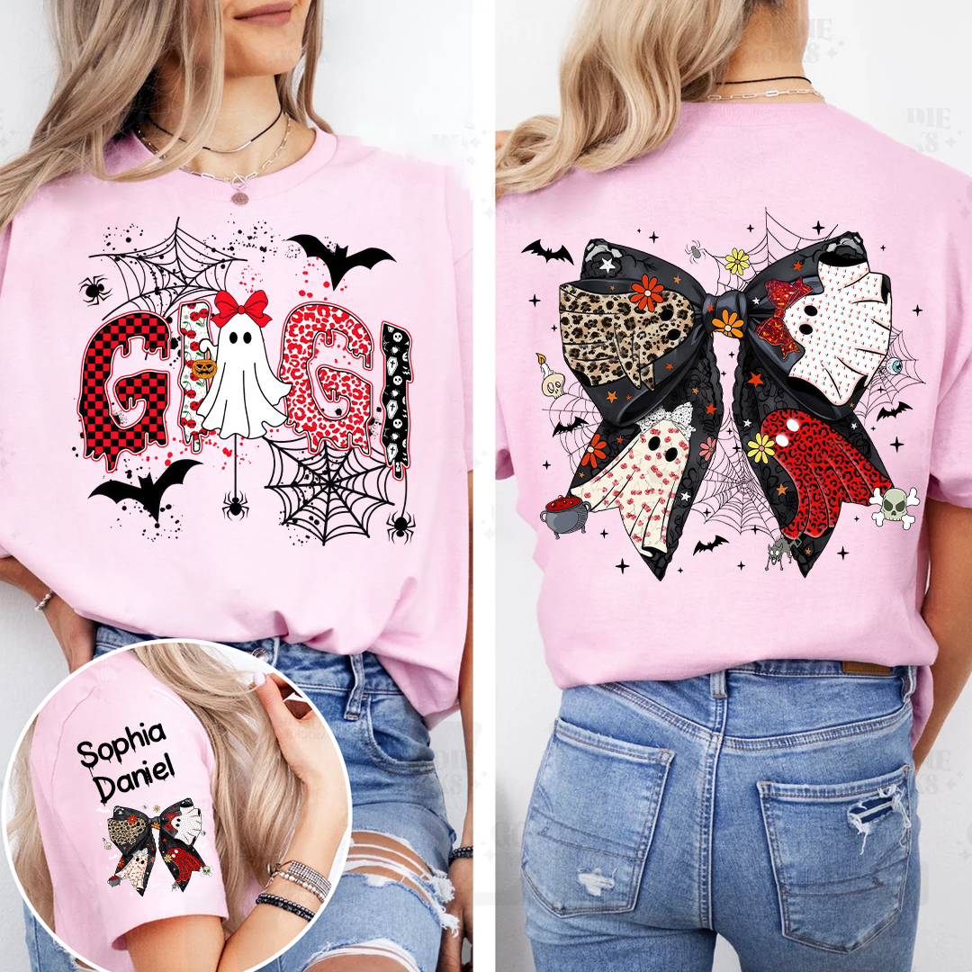 Personalized Gigi Halloween Shirt with Ghost & Spider Webs – Custom Grandkids Names on Sleeve & Back Bow T-shirt