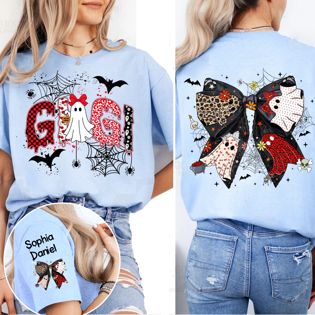 Personalized Gigi Halloween Shirt with Ghost & Spider Webs – Custom Grandkids Names on Sleeve & Back Bow T-shirt