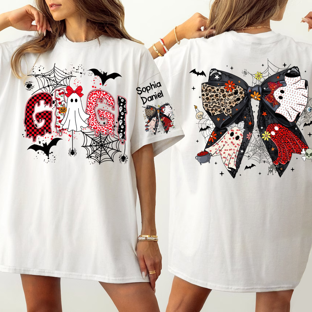 Personalized Gigi Halloween Shirt with Ghost & Spider Webs – Custom Grandkids Names on Sleeve & Back Bow T-shirt