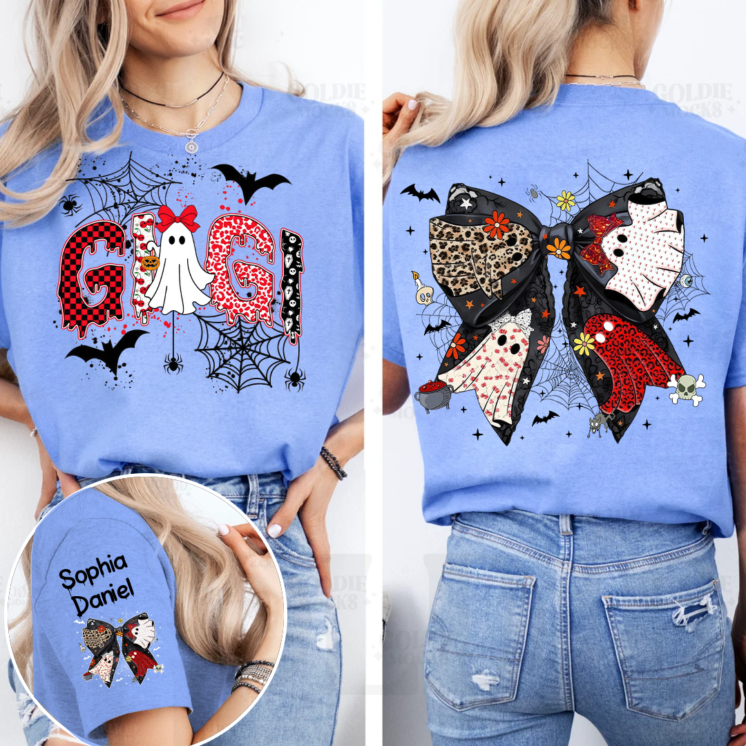 Personalized Gigi Halloween Shirt with Ghost & Spider Webs – Custom Grandkids Names on Sleeve & Back Bow T-shirt