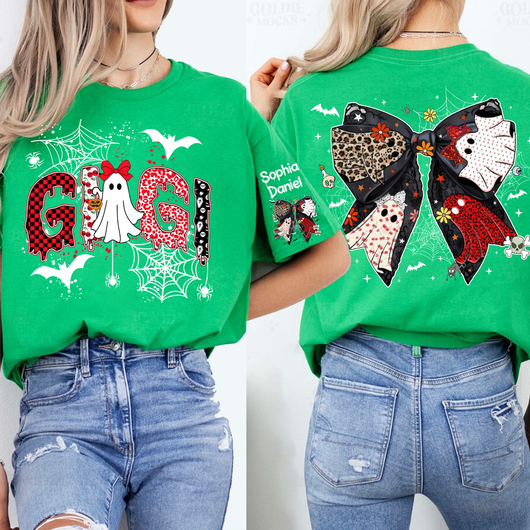Personalized Gigi Halloween Shirt with Ghost & Spider Webs – Custom Grandkids Names on Sleeve & Back Bow T-shirt