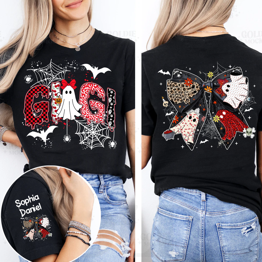 Personalized Gigi Halloween Shirt with Ghost & Spider Webs – Custom Grandkids Names on Sleeve & Back Bow T-shirt