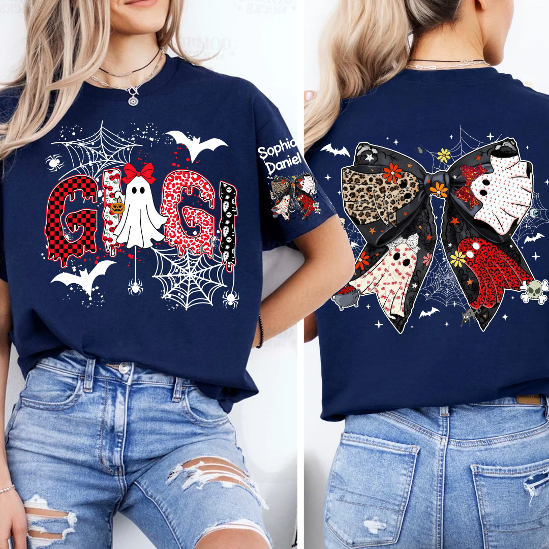 Personalized Gigi Halloween Shirt with Ghost & Spider Webs – Custom Grandkids Names on Sleeve & Back Bow T-shirt