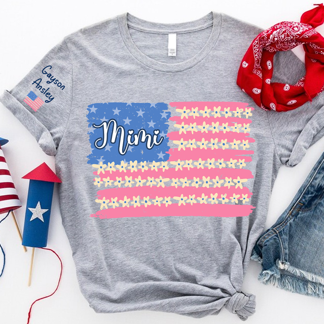 Personalized Gigi Mimi Grandma and Grandkids Patriotic 4th of July America Floral Flag T-shirt