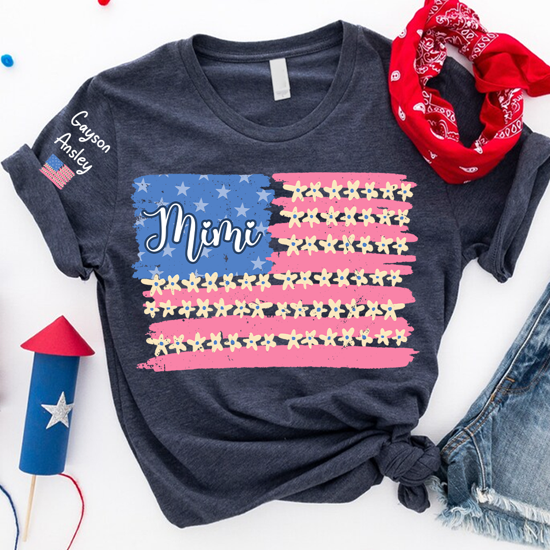 Personalized Gigi Mimi Grandma and Grandkids Patriotic 4th of July America Floral Flag T-shirt