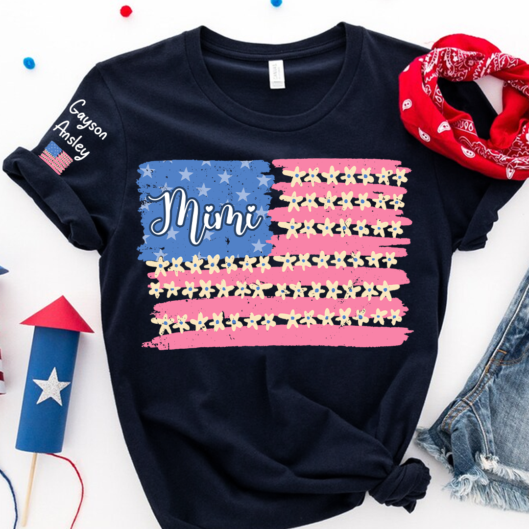 Personalized Gigi Mimi Grandma and Grandkids Patriotic 4th of July America Floral Flag T-shirt
