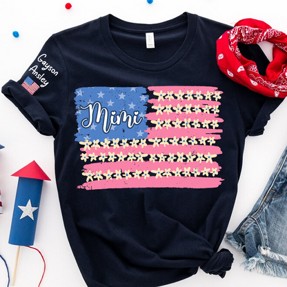 Personalized Gigi Mimi Grandma and Grandkids Patriotic 4th of July America Floral Flag T-shirt