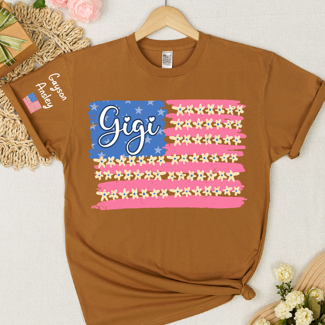Personalized Gigi Mimi Grandma and Grandkids Patriotic 4th of July America Floral Flag T-shirt