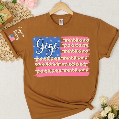 Personalized Gigi Mimi Grandma and Grandkids Patriotic 4th of July America Floral Flag T-shirt