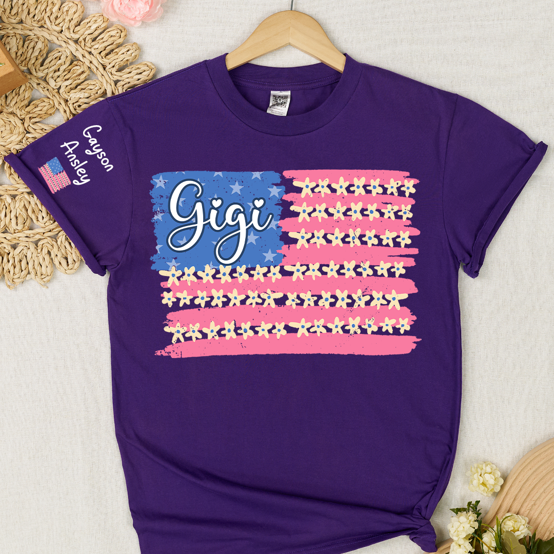 Personalized Gigi Mimi Grandma and Grandkids Patriotic 4th of July America Floral Flag T-shirt
