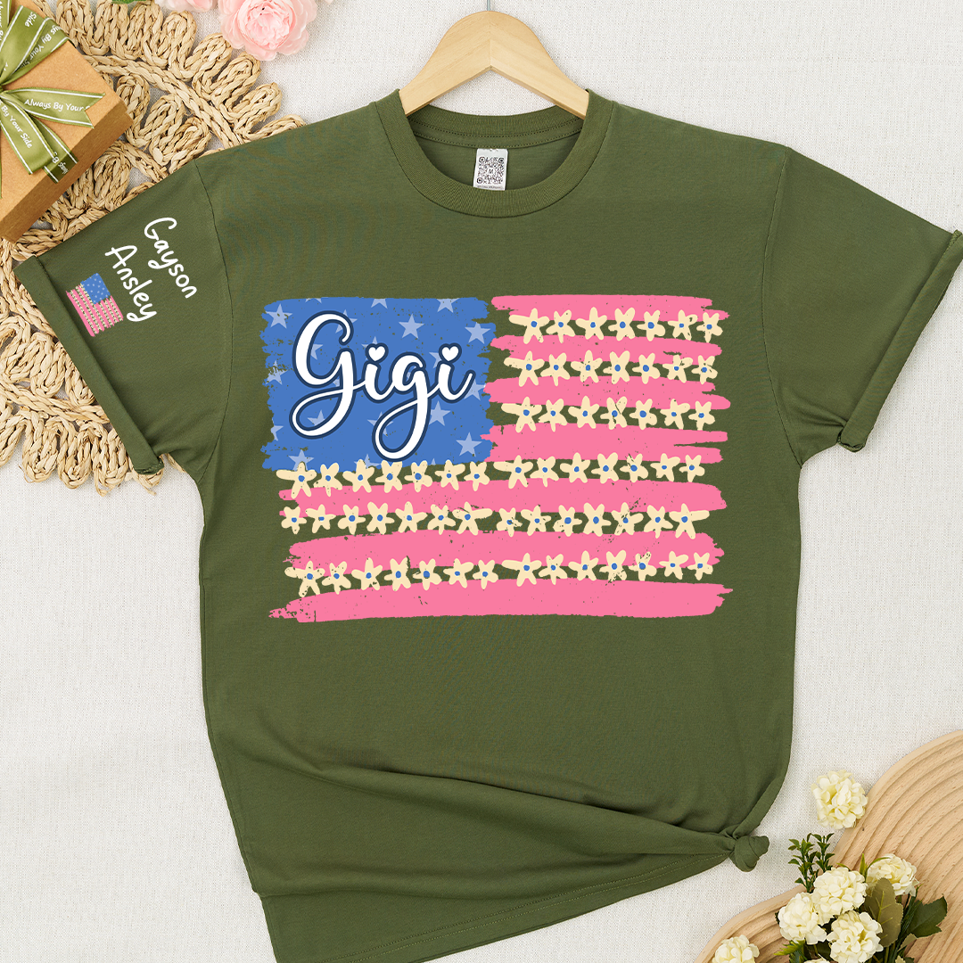 Personalized Gigi Mimi Grandma and Grandkids Patriotic 4th of July America Floral Flag T-shirt
