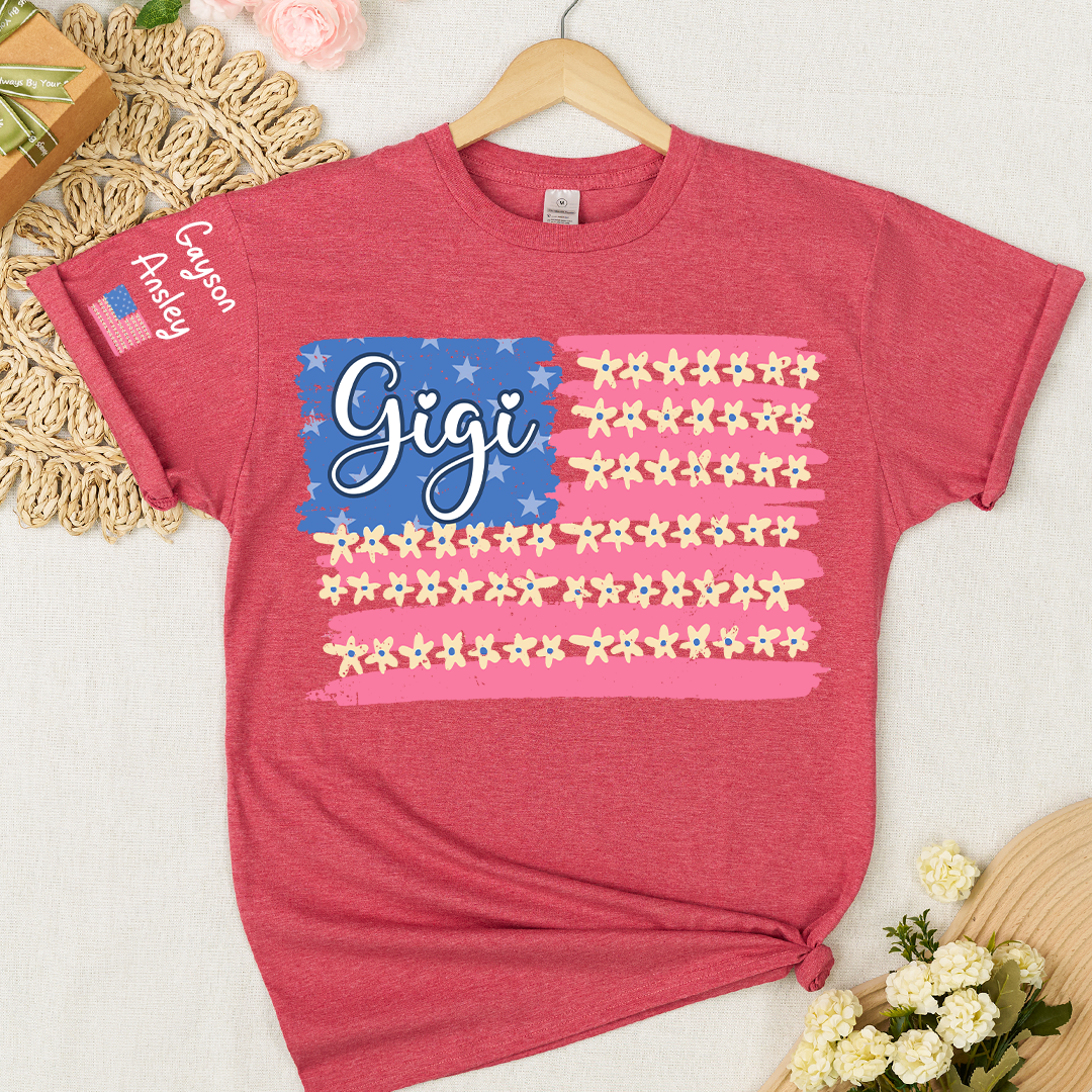 Personalized Gigi Mimi Grandma and Grandkids Patriotic 4th of July America Floral Flag T-shirt