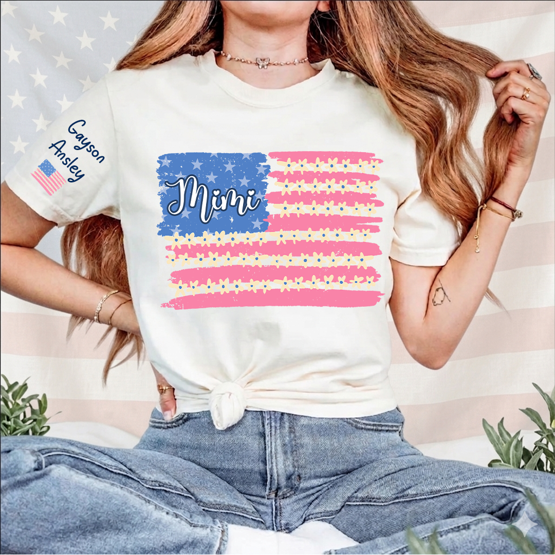 Personalized Gigi Mimi Grandma and Grandkids Patriotic 4th of July America Floral Flag T-shirt