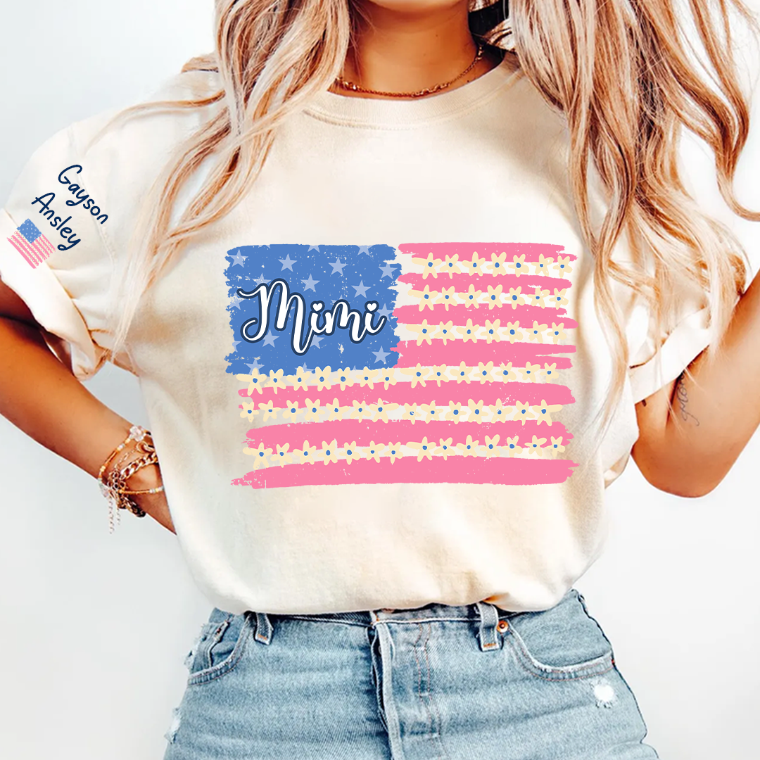 Personalized Gigi Mimi Grandma and Grandkids Patriotic 4th of July America Floral Flag T-shirt