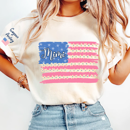 Personalized Gigi Mimi Grandma and Grandkids Patriotic 4th of July America Floral Flag T-shirt