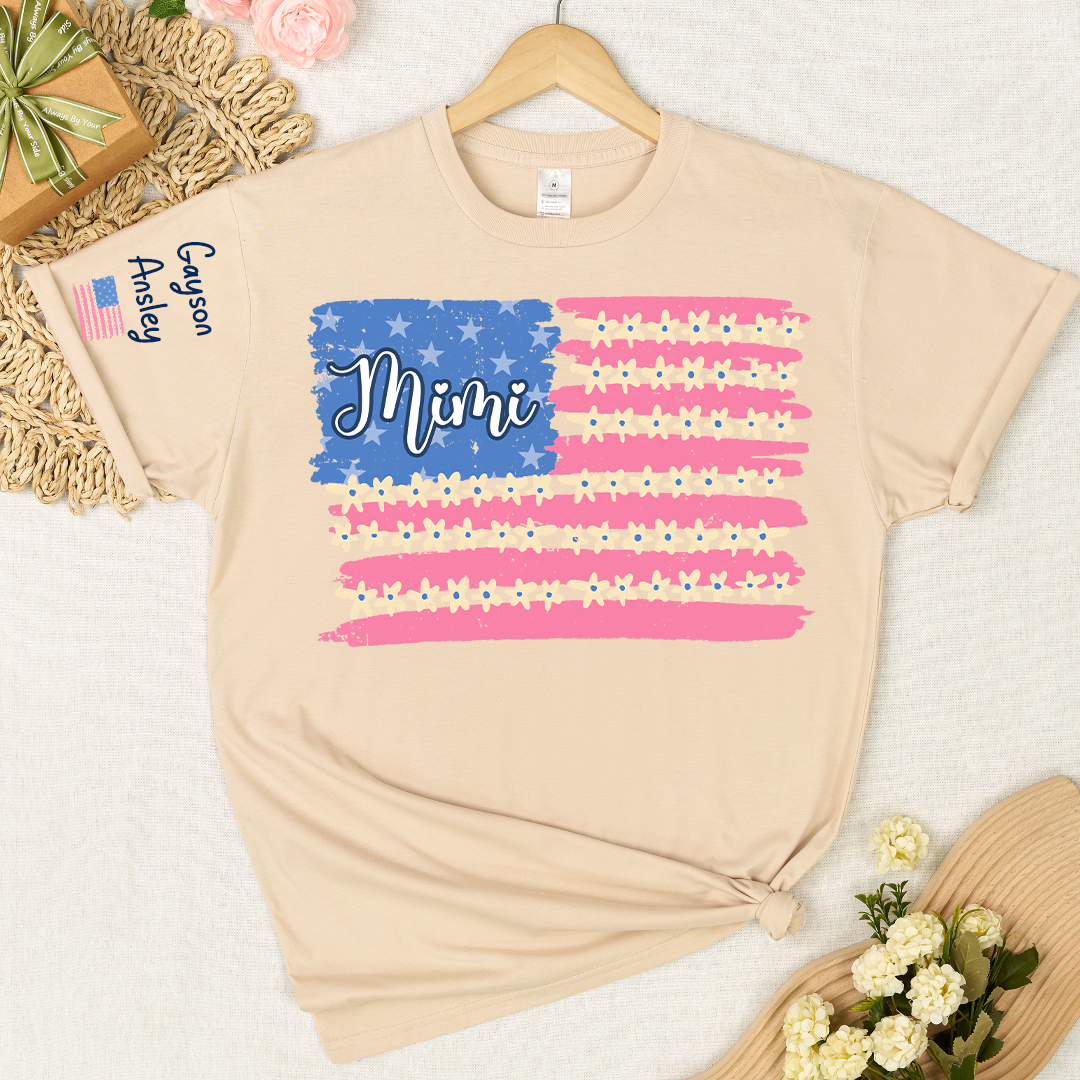 Personalized Gigi Mimi Grandma and Grandkids Patriotic 4th of July America Floral Flag T-shirt