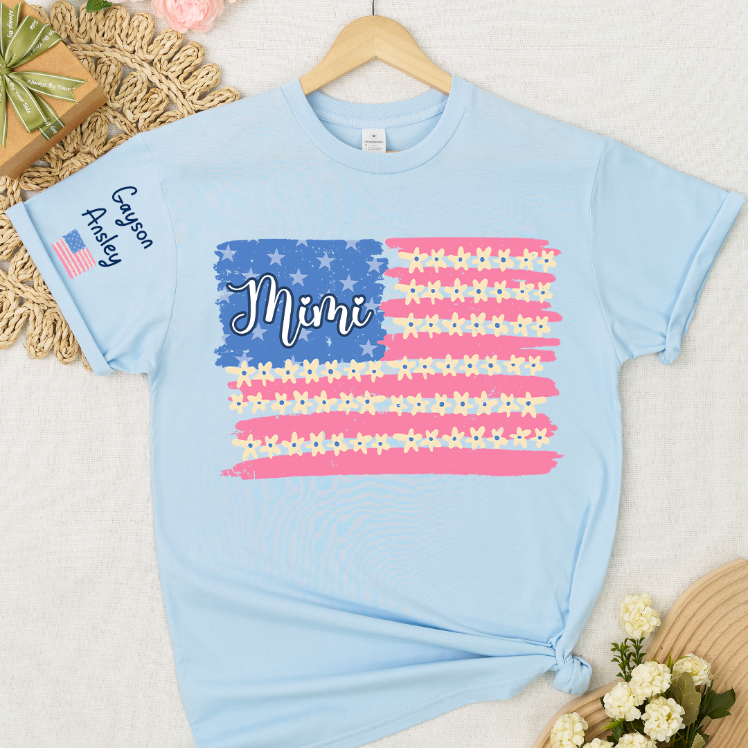 Personalized Gigi Mimi Grandma and Grandkids Patriotic 4th of July America Floral Flag T-shirt