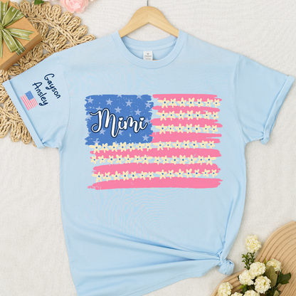 Personalized Gigi Mimi Grandma and Grandkids Patriotic 4th of July America Floral Flag T-shirt