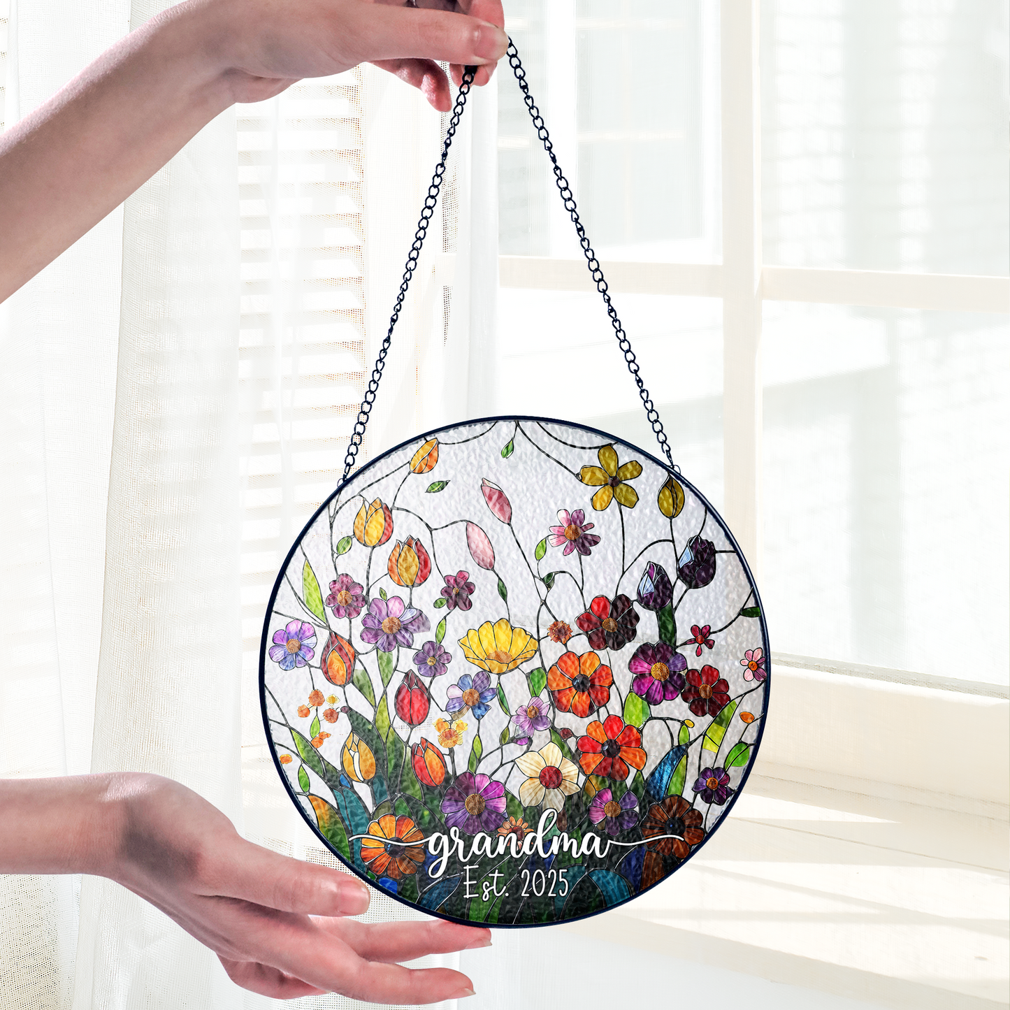 Personalized Grandma Flower Stained Glass Suncatcher – Custom Est Year Window Hanging Gift for Grandma