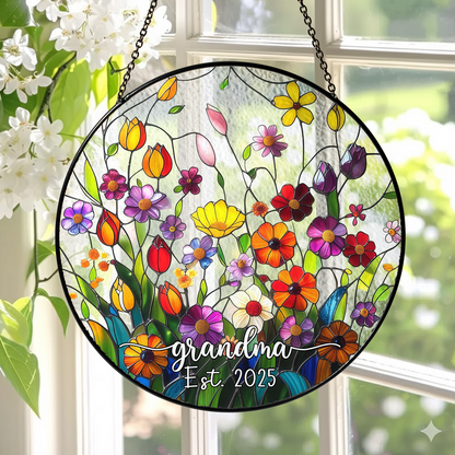 Personalized Grandma Flower Stained Glass Suncatcher – Custom Est Year Window Hanging Gift for Grandma