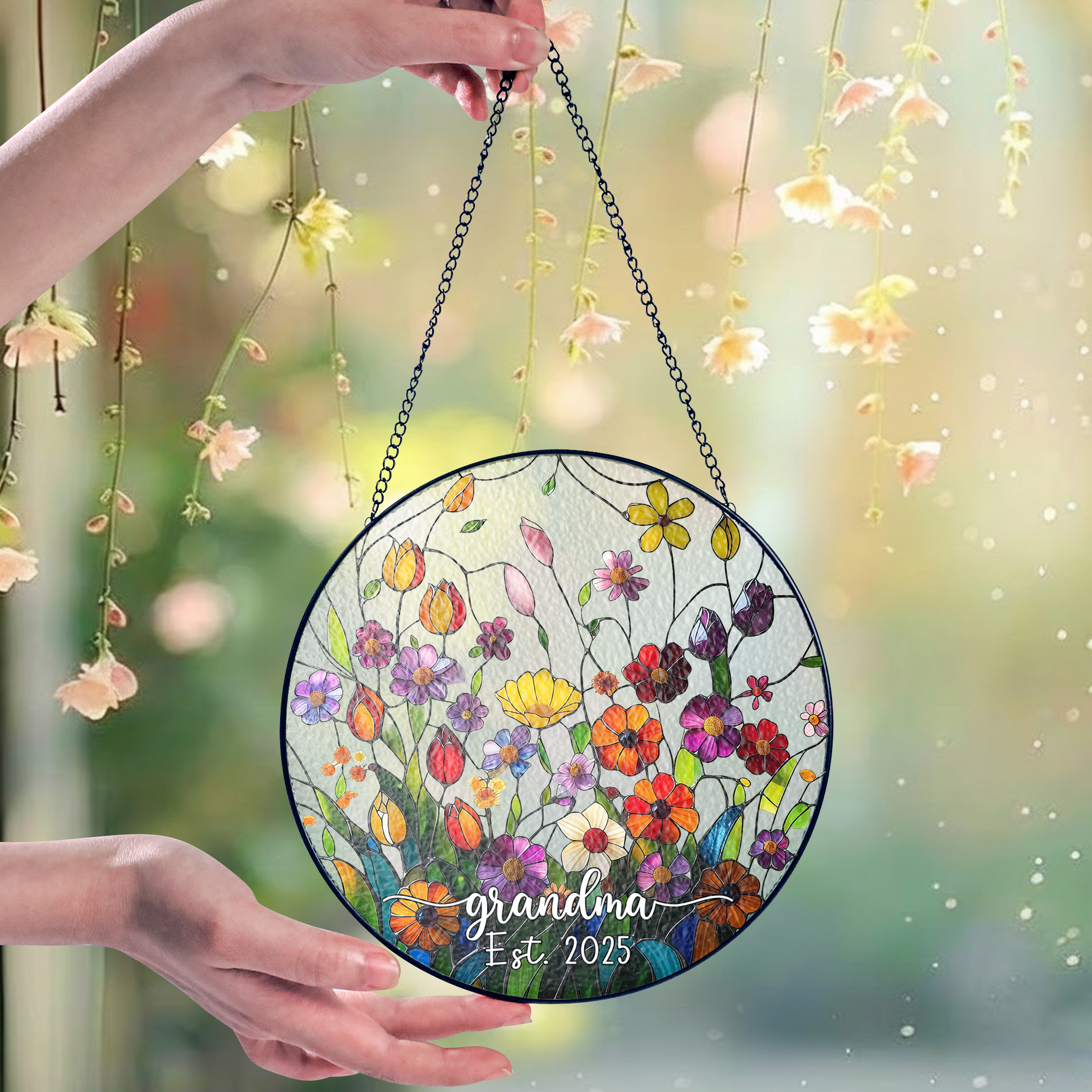 Personalized Grandma Flower Stained Glass Suncatcher – Custom Est Year Window Hanging Gift for Grandma