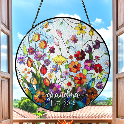 Personalized Grandma Flower Stained Glass Suncatcher – Custom Est Year Window Hanging Gift for Grandma