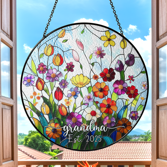 Personalized Grandma Flower Stained Glass Suncatcher – Custom Est Year Window Hanging Gift for Grandma