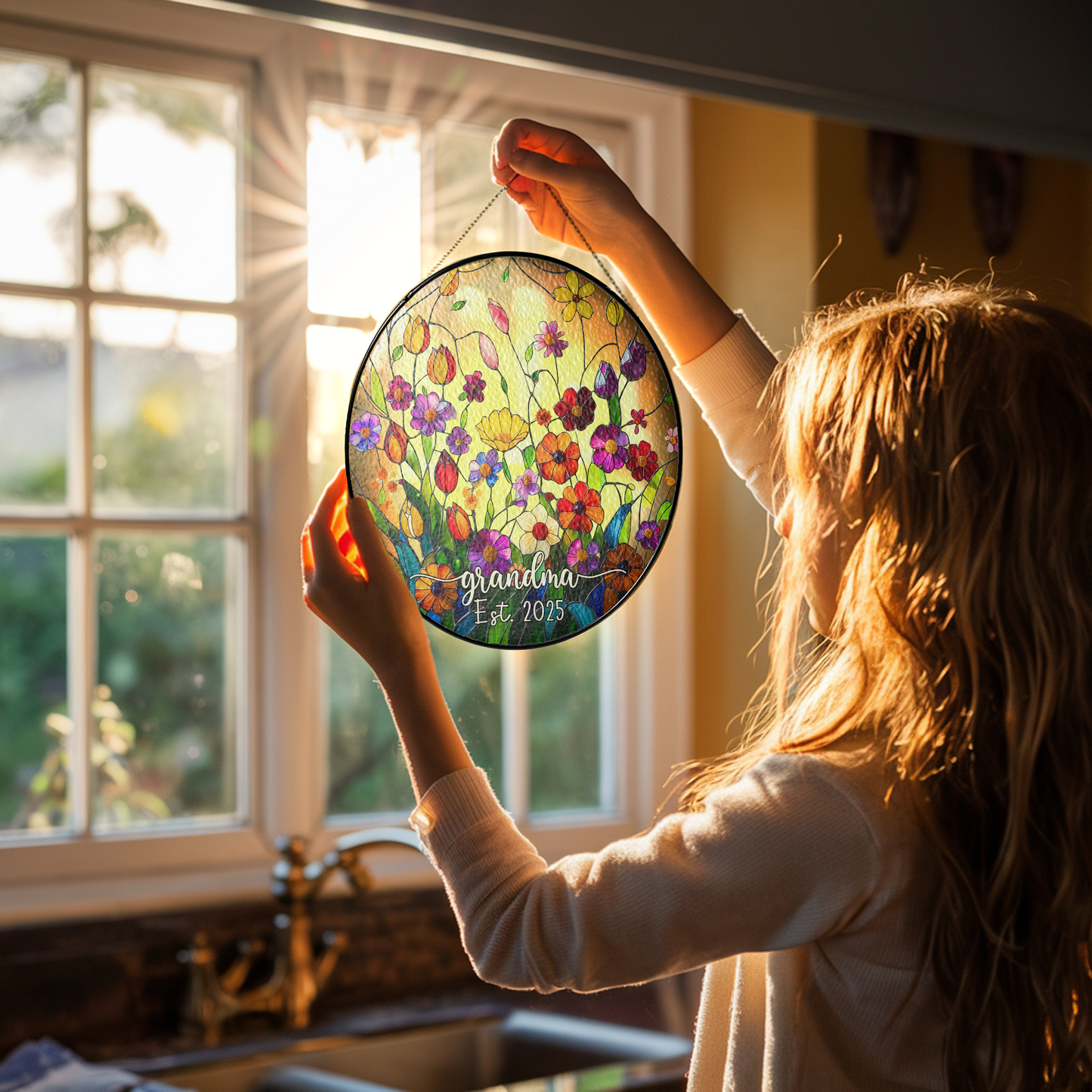 Personalized Grandma Flower Stained Glass Suncatcher – Custom Est Year Window Hanging Gift for Grandma