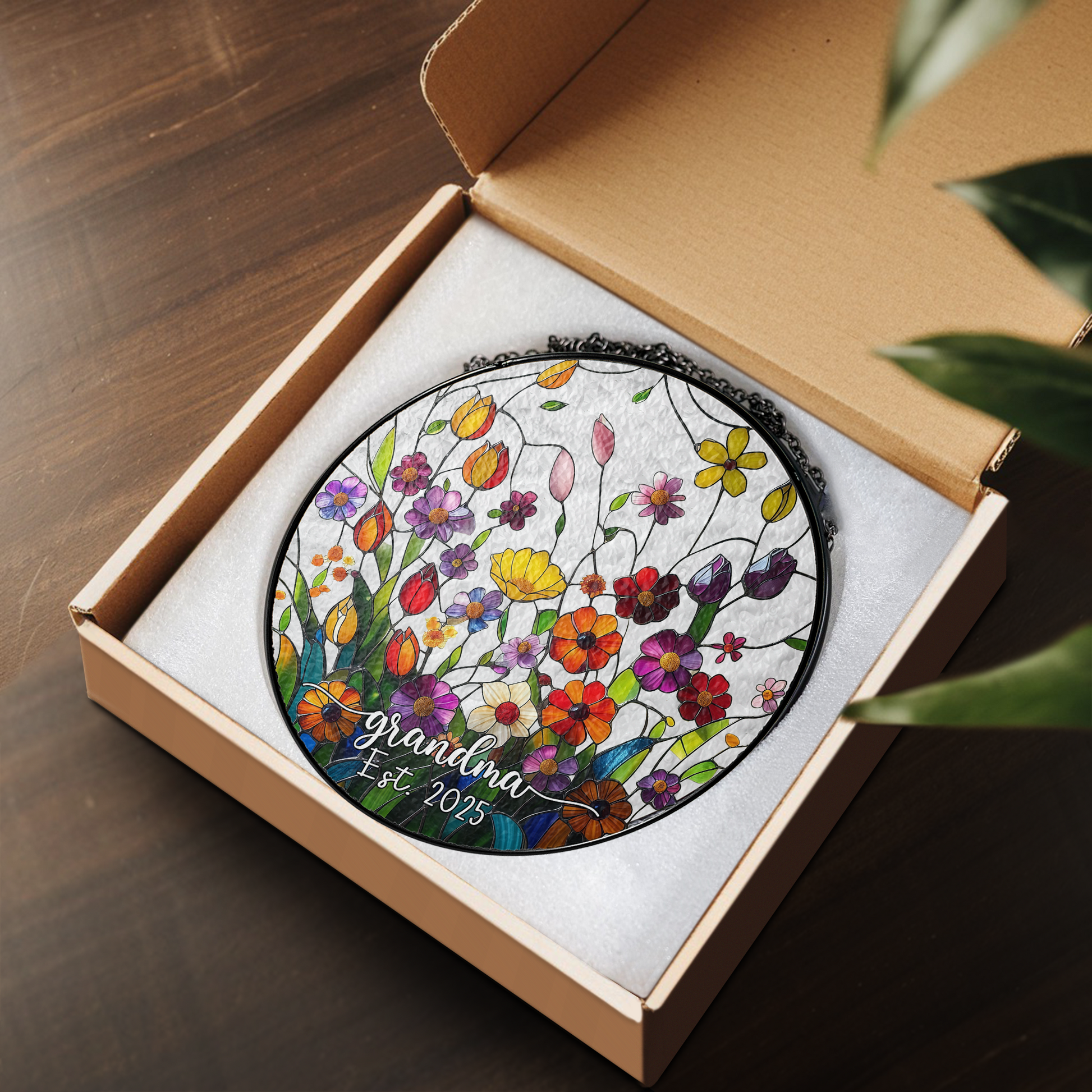 Personalized Grandma Flower Stained Glass Suncatcher – Custom Est Year Window Hanging Gift for Grandma