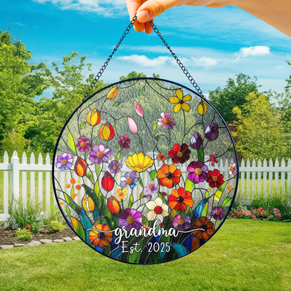 Personalized Grandma Flower Stained Glass Suncatcher – Custom Est Year Window Hanging Gift for Grandma