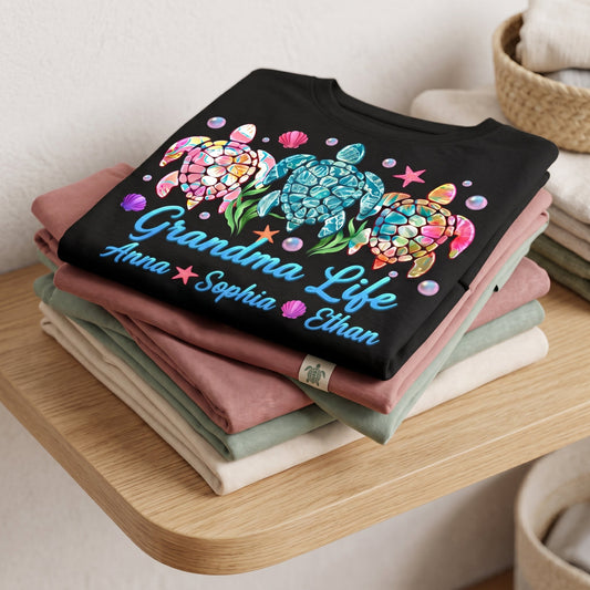 Personalized Grandma Life T-Shirt with Colorful Sea Turtle Design, Custom Names Shirt for Grandma, Summer Beach Gift for Grandkids
