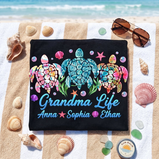 Personalized Grandma Life T-Shirt with Colorful Sea Turtle Design, Custom Names Shirt for Grandma, Summer Beach Gift for Grandkids