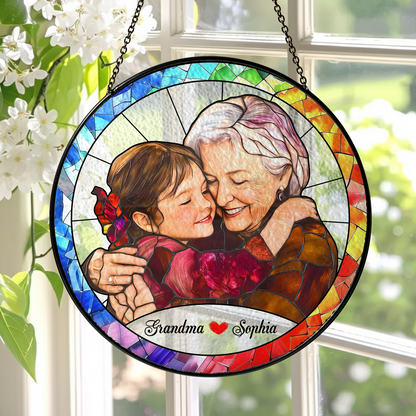 Personalized Grandma Photo Stained Glass Suncatcher – Custom Grandmother Portrait Window Hanging Gift