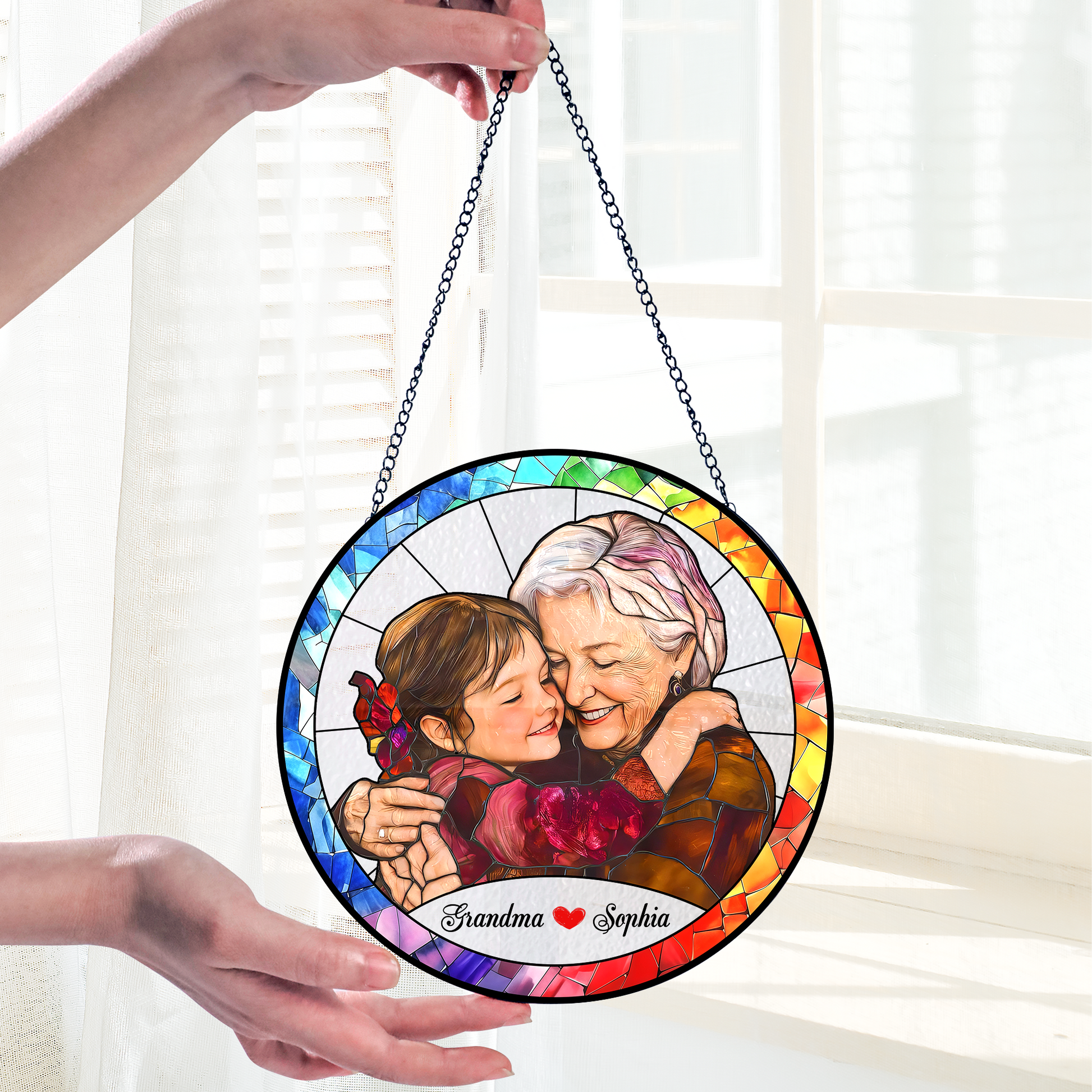 Personalized Grandma Photo Stained Glass Suncatcher – Custom Grandmother Portrait Window Hanging Gift