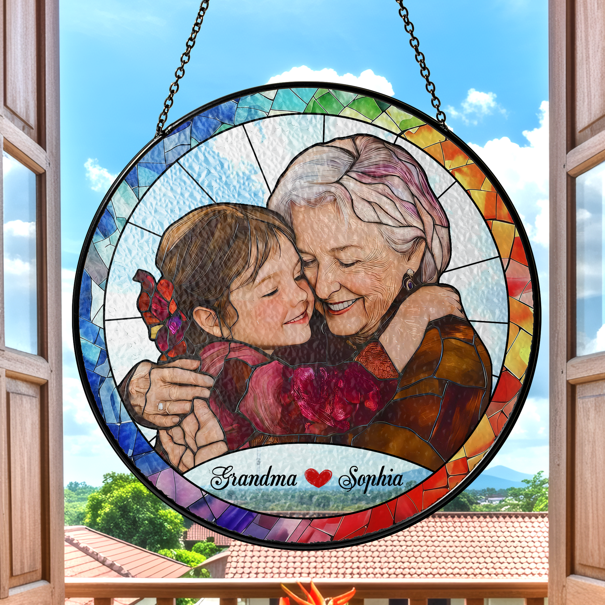 Personalized Grandma Photo Stained Glass Suncatcher – Custom Grandmother Portrait Window Hanging Gift