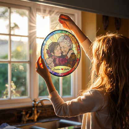 Personalized Grandma Photo Stained Glass Suncatcher – Custom Grandmother Portrait Window Hanging Gift