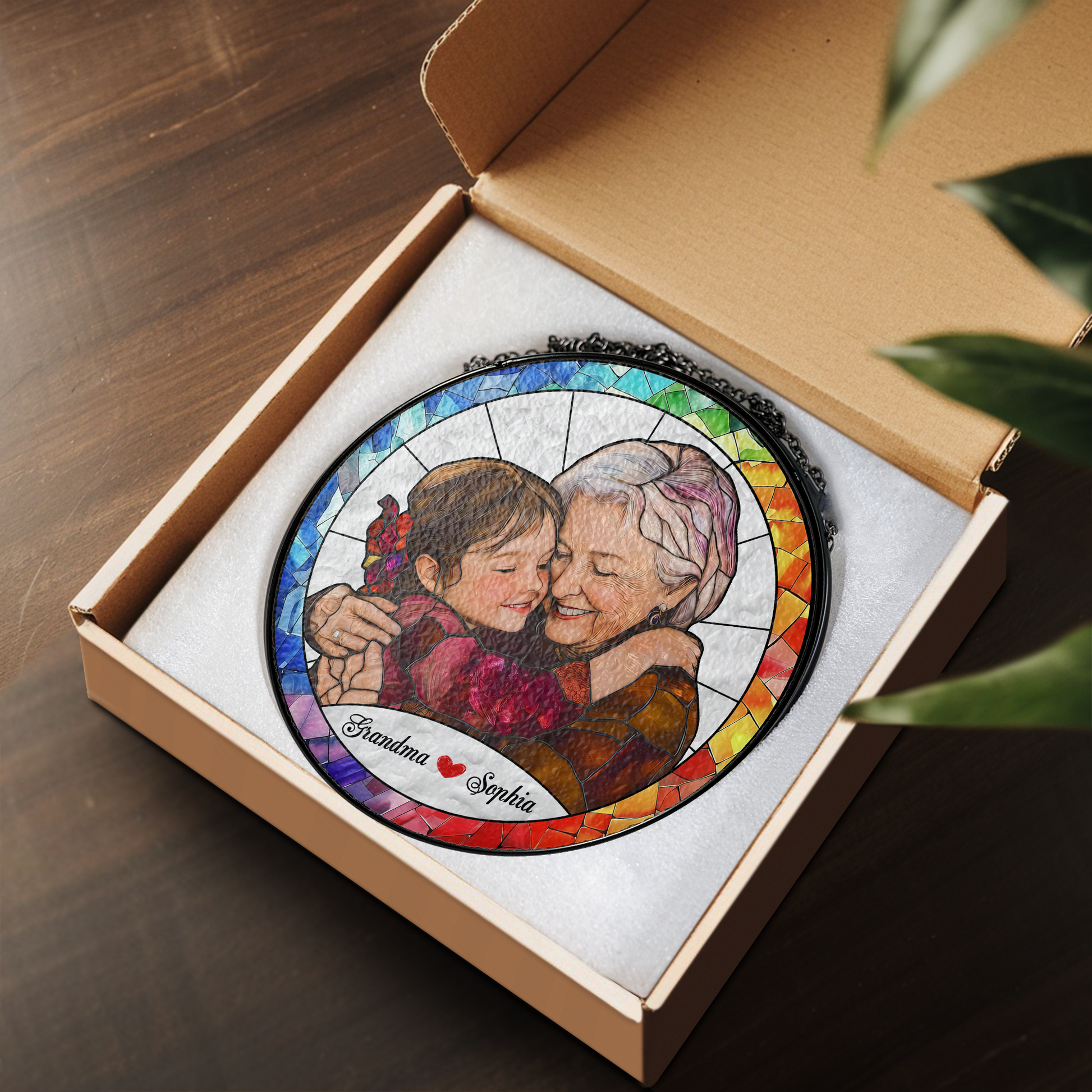 Personalized Grandma Photo Stained Glass Suncatcher – Custom Grandmother Portrait Window Hanging Gift