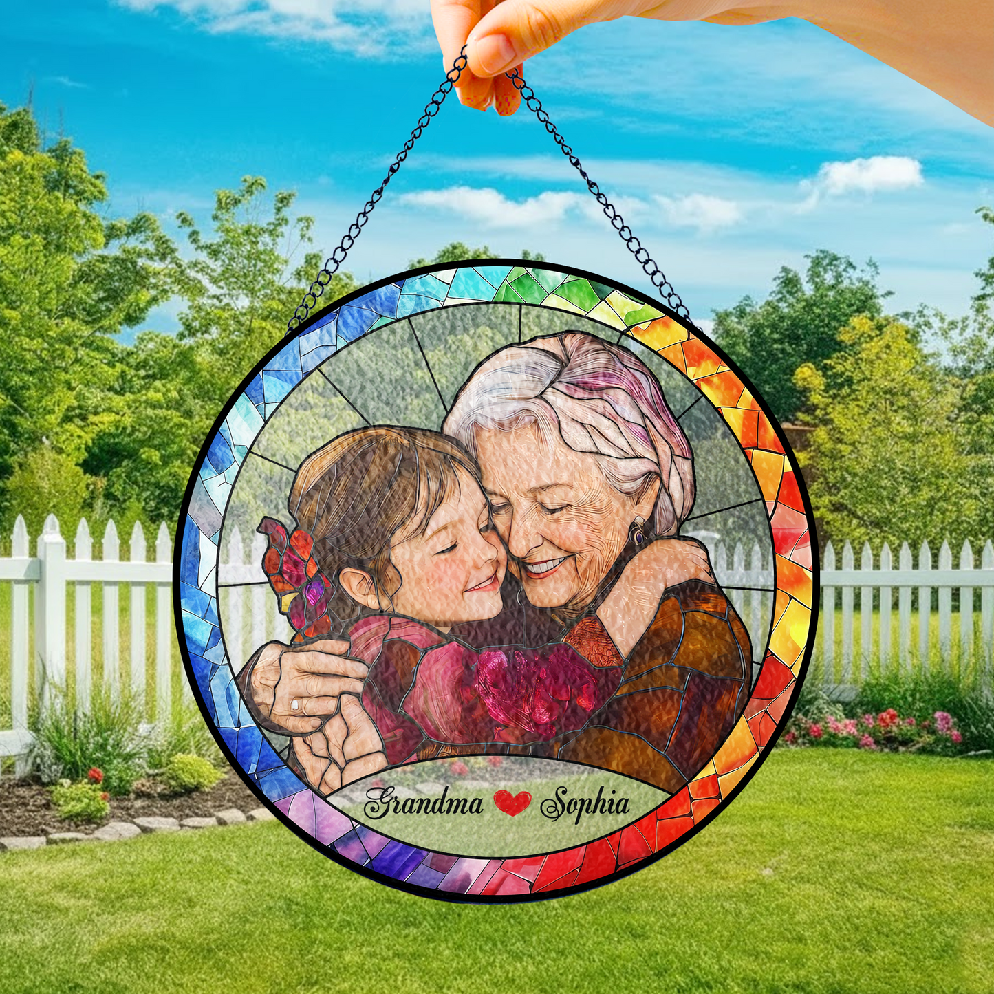 Personalized Grandma Photo Stained Glass Suncatcher – Custom Grandmother Portrait Window Hanging Gift