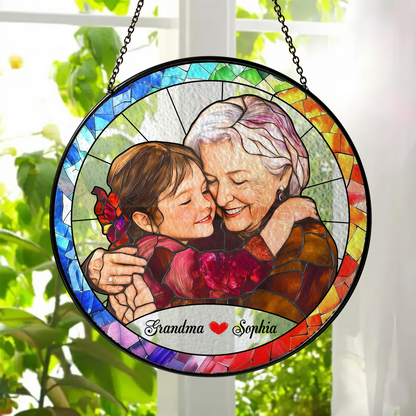 Personalized Grandma Photo Stained Glass Suncatcher – Custom Grandmother Portrait Window Hanging Gift