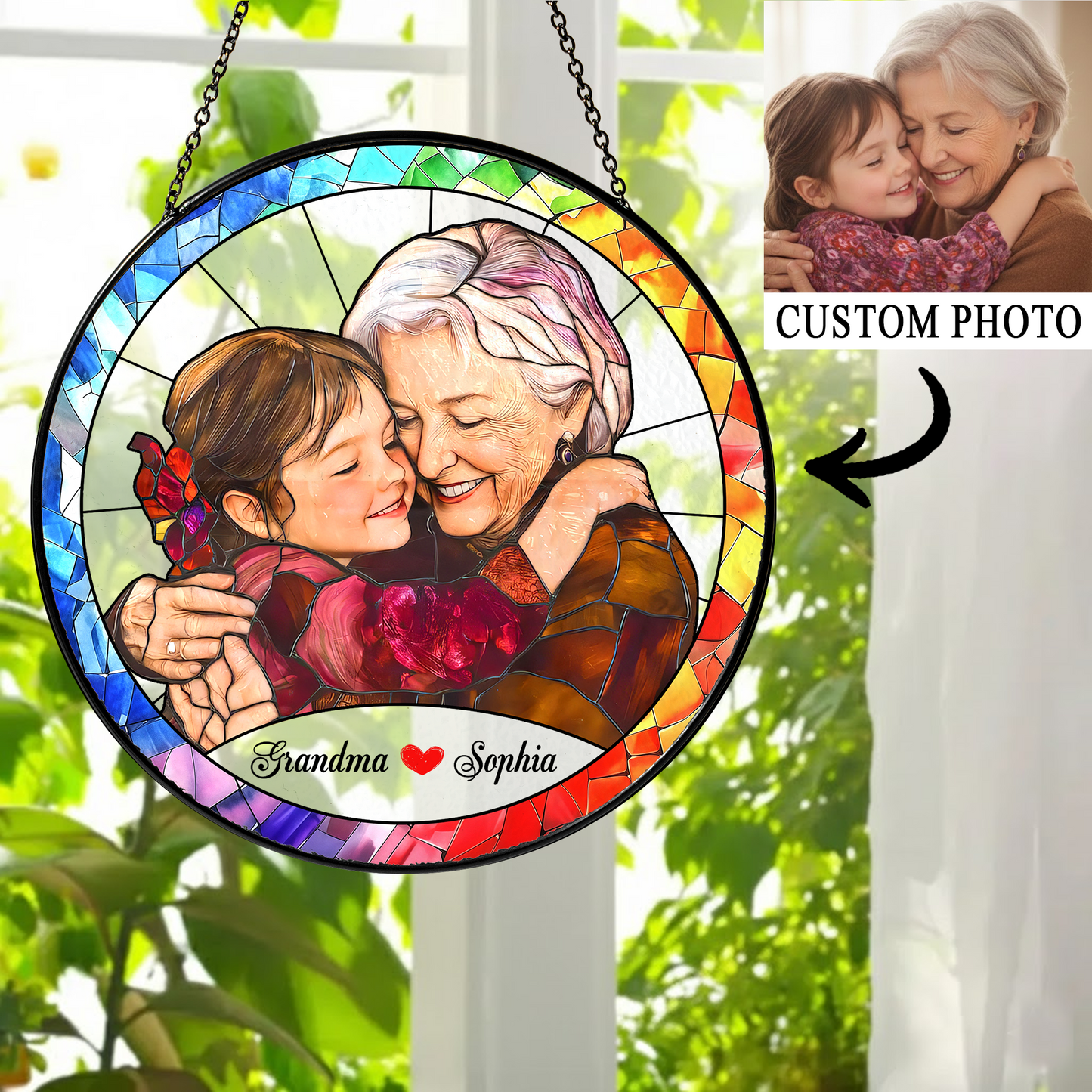 Personalized Grandma Photo Stained Glass Suncatcher – Custom Grandmother Portrait Window Hanging Gift