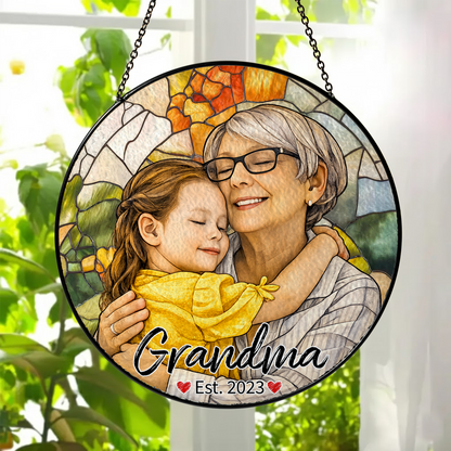 Personalized Grandma Photo Stained Glass Suncatcher – Custom Portrait Window Hanging Gift for Grandma