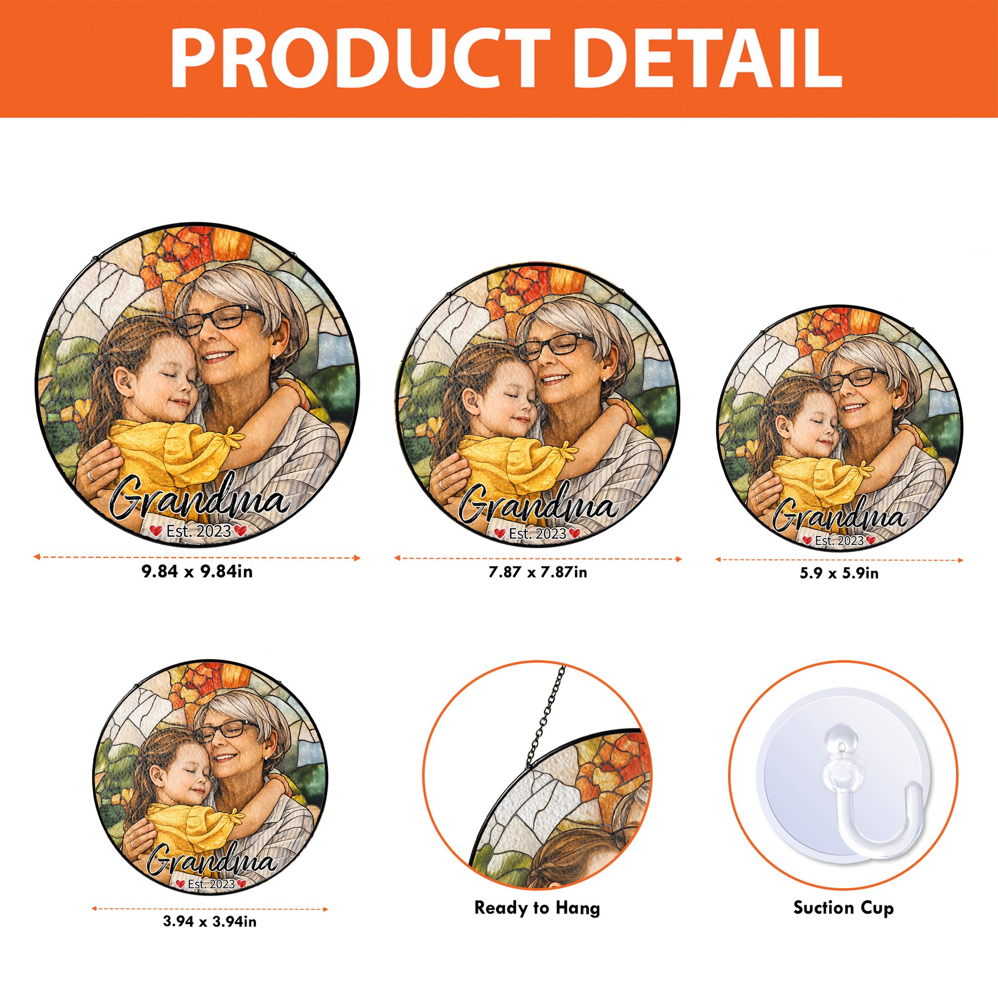 Personalized Grandma Photo Stained Glass Suncatcher – Custom Portrait Window Hanging Gift for Grandma