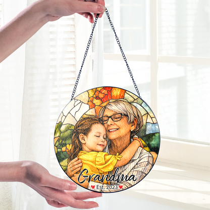 Personalized Grandma Photo Stained Glass Suncatcher – Custom Portrait Window Hanging Gift for Grandma