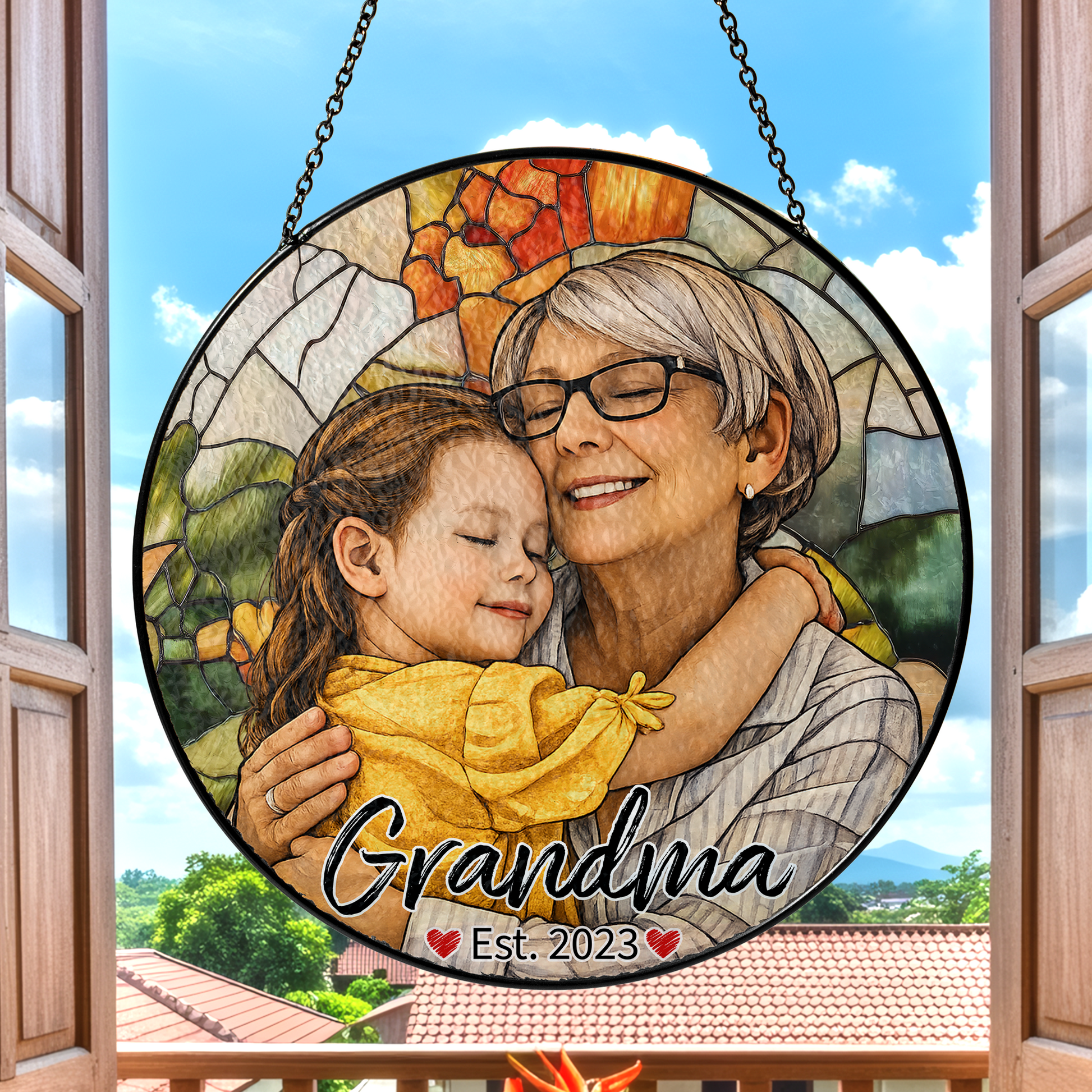 Personalized Grandma Photo Stained Glass Suncatcher – Custom Portrait Window Hanging Gift for Grandma