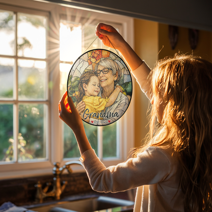 Personalized Grandma Photo Stained Glass Suncatcher – Custom Portrait Window Hanging Gift for Grandma