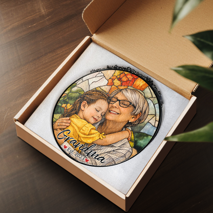 Personalized Grandma Photo Stained Glass Suncatcher – Custom Portrait Window Hanging Gift for Grandma