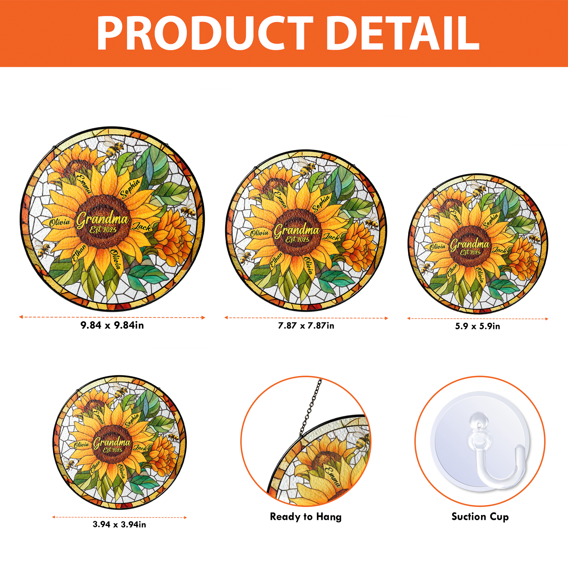 Personalized Grandma Sunflower Stained Glass Suncatcher – Custom Kids Names Window Hanging Gift for Grandma
