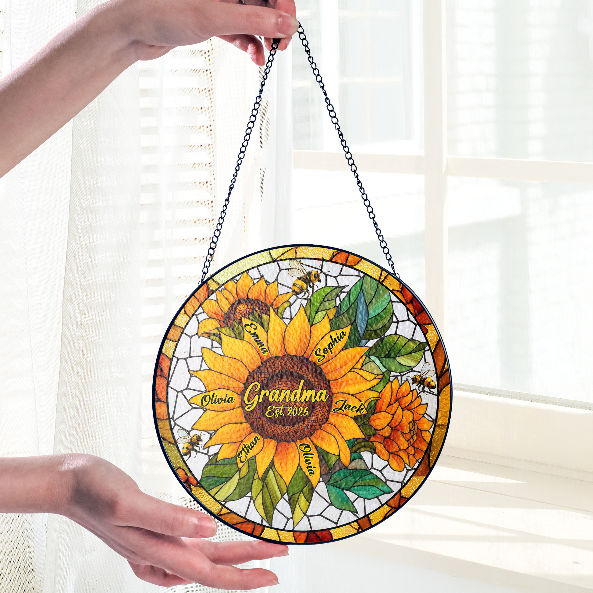 Personalized Grandma Sunflower Stained Glass Suncatcher – Custom Kids Names Window Hanging Gift for Grandma
